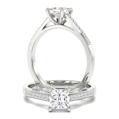 An elegant lab grown princess cut diamond ring with shoulder stones in 18ct white gold